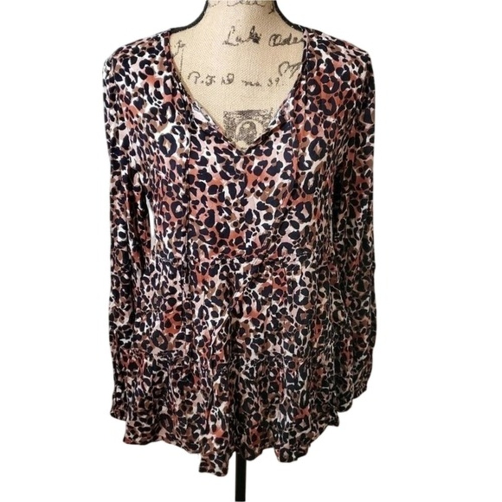 Beach Lunch Lounge Leopard Print Long Sleeve Tunic Top V-Neck Ruffle Hem‎ Blouse